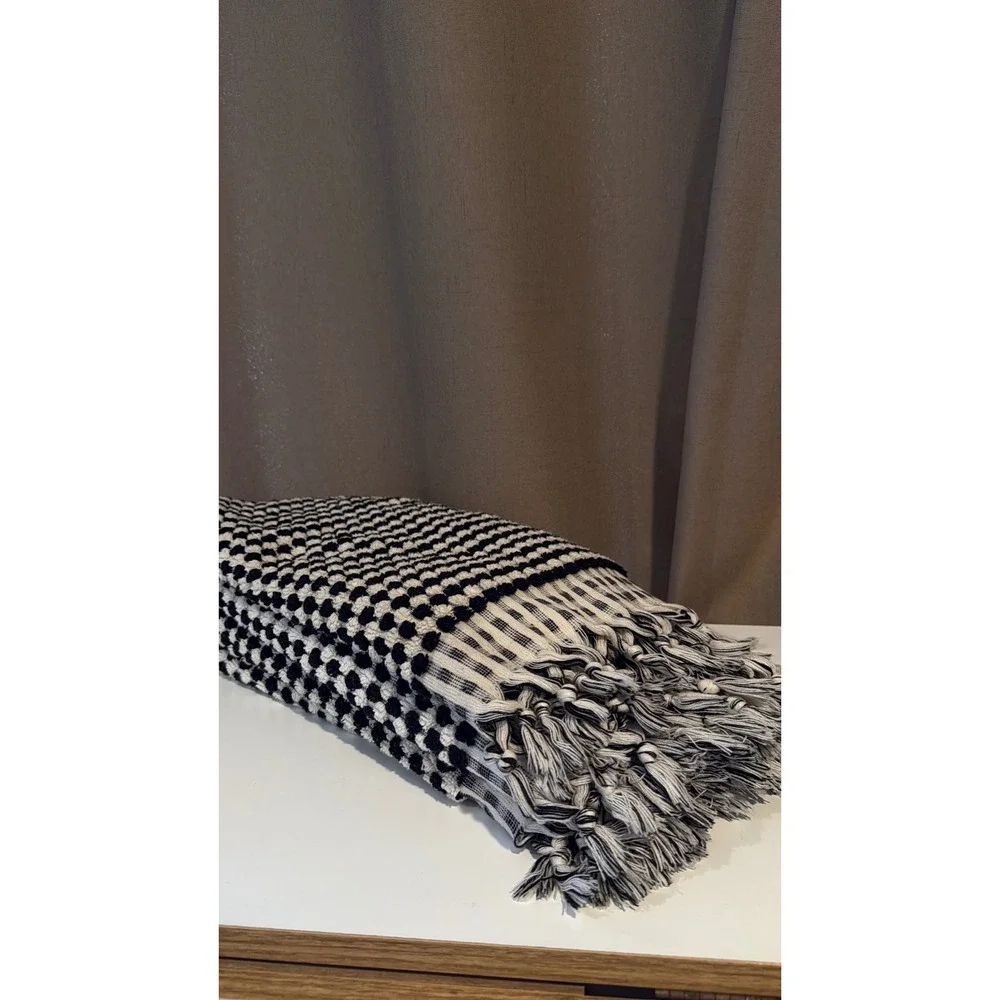 Black White Textured Turkish‎ Woven Hand Towel Tassels Set of Four